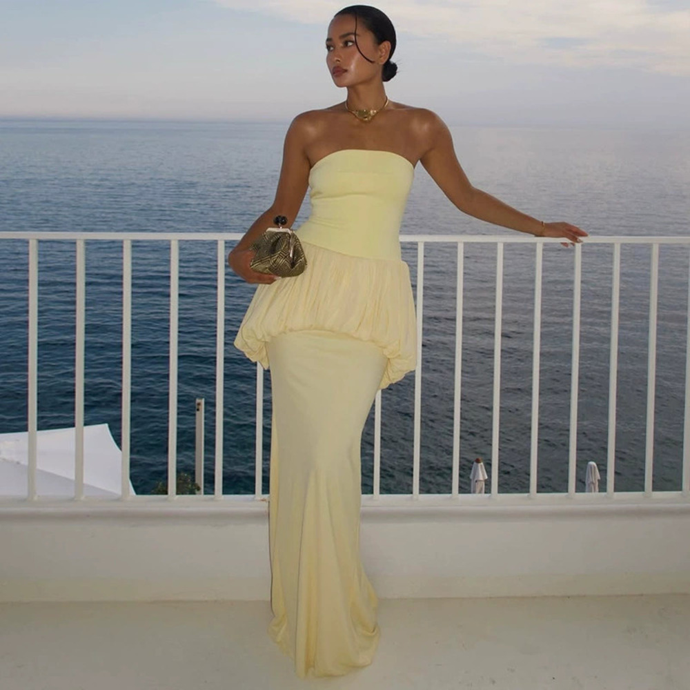 ZARA Chic Solid Color Off Shoulder Backless Bodycon Pleated Dress
